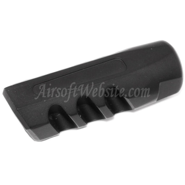 APS EMG Lizenzierter F1 Firearms Mündungsfeuerdämpfer mit abgewinkelter Mündungsbremse für -14 mm CCW-Gewehre mit gegen den Uhrzeigersinn gerichtetem Gewindelauf, Airsoft