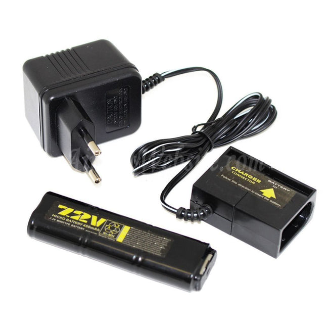 Batterie Ni-MH 7,2 V 450 mAh WELL et chargeur 220 V EU pour Airsoft AEG Vz61 Scorpion / MP7 / MAC10 / R2 / R4