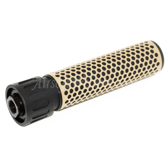 Airsoft Website 179mm 7" Inches 5.56 Style QDC Suppressor Silencer with Flash Hider For -14mm CCW Counter-Clockwise Thread Barrel Rifles Airsoft Tan/Black