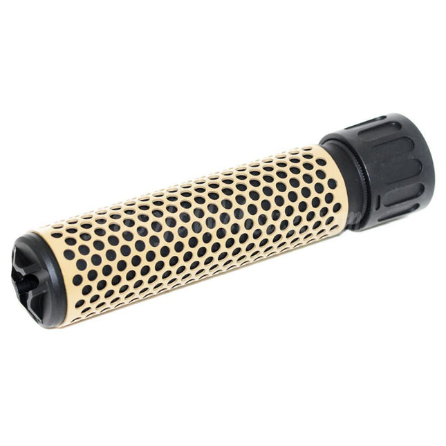 Airsoft Website 179mm 7" Inches 5.56 Style QDC Suppressor Silencer with Flash Hider For -14mm CCW Counter-Clockwise Thread Barrel Rifles Airsoft Tan/Black
