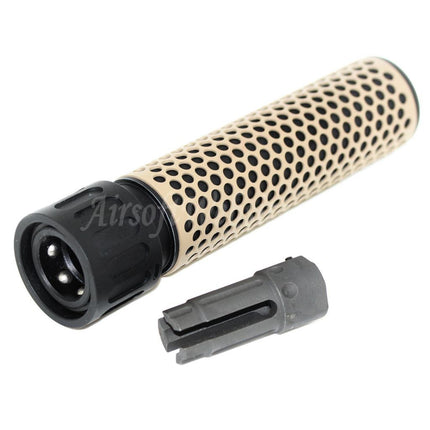 Airsoft Website 179mm 7" Inches 5.56 Style QDC Suppressor Silencer with Flash Hider For -14mm CCW Counter-Clockwise Thread Barrel Rifles Airsoft Tan/Black
