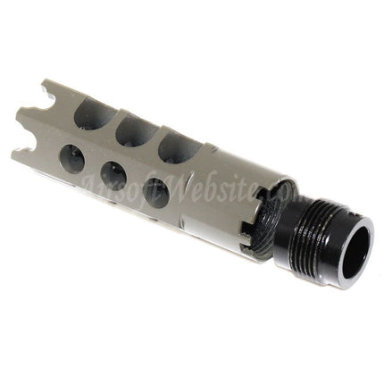 Airsoft-Website, 84 mm Mündungsfeuerbremse im DTK-1-Stil mit Adapter für Gewehre mit -14 mm CCW-Gewindelauf gegen den Uhrzeigersinn