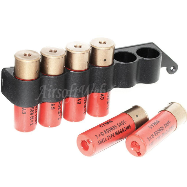 CYMA Lot de 6 chargeurs de cartouches de fusil de chasse en plastique (30 cartouches chacun) avec support en métal pour 6 cartouches pour fusil de chasse CYMA Tokyo Marui M870 Airsoft