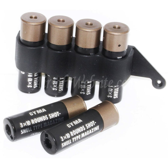 CYMA Lot de 6 chargeurs de cartouches de fusil de chasse en plastique (30 cartouches chacun) avec support en métal pour 4 cartouches pour fusil de chasse CYMA Tokyo Marui M870 Airsoft
