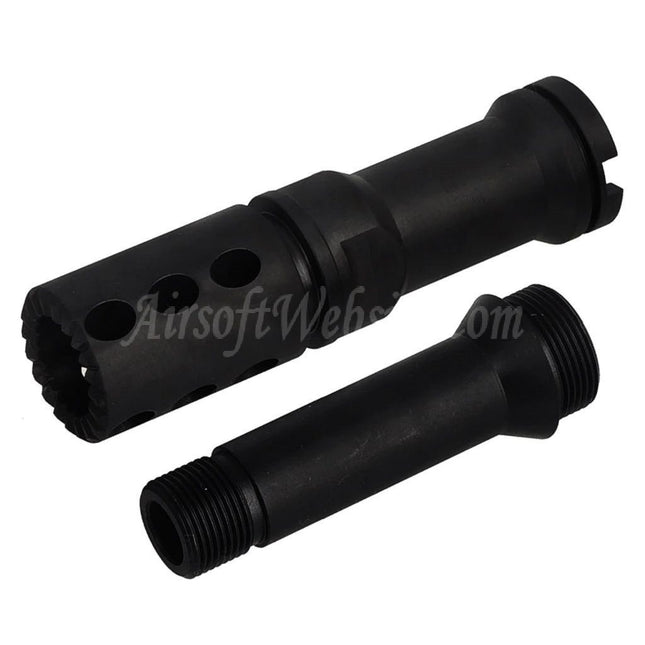 BBT CNC Steel Flash Hider with Outer Barrel Extension -14mm CCW Counter-clockwise Thread For VFC FN M249 Series GBB SMG Black
