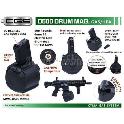 CYMA 500rd Electric Sound Control Winding Gas Drum Magazine Suitable For CYMA CGS Tokyo Marui M4 Series MWS GBB Rifles Airsoft Black